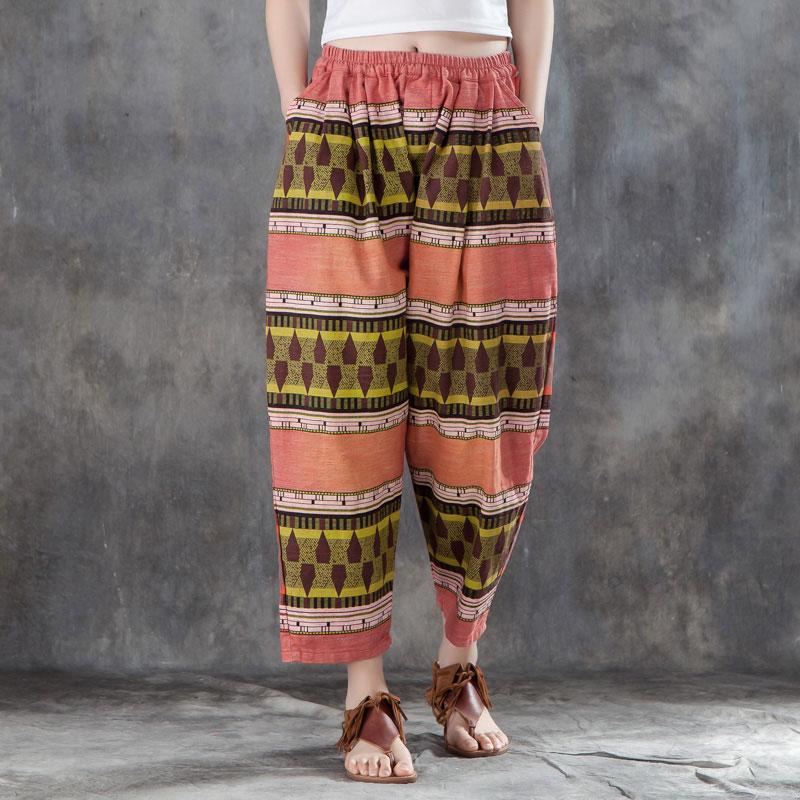 Women Printed Pockets Casual Cotton Polyester Pants