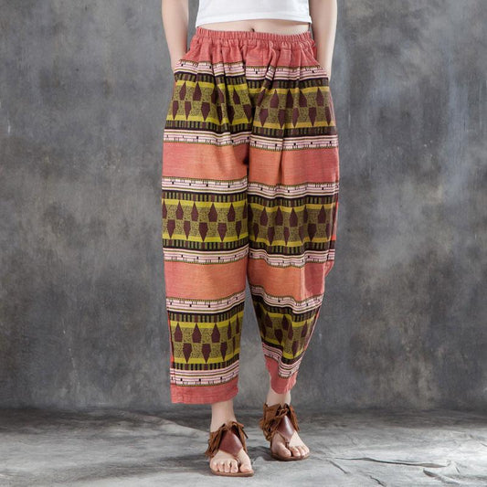 Women Printed Pockets Casual Cotton Polyester Pants