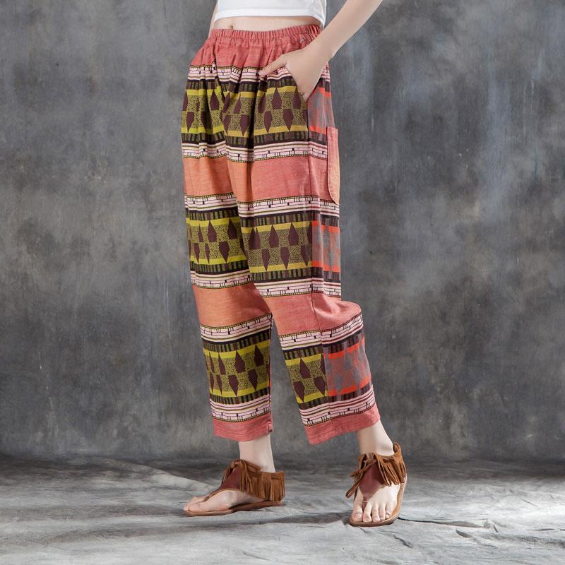 Women Printed Pockets Casual Cotton Polyester Pants