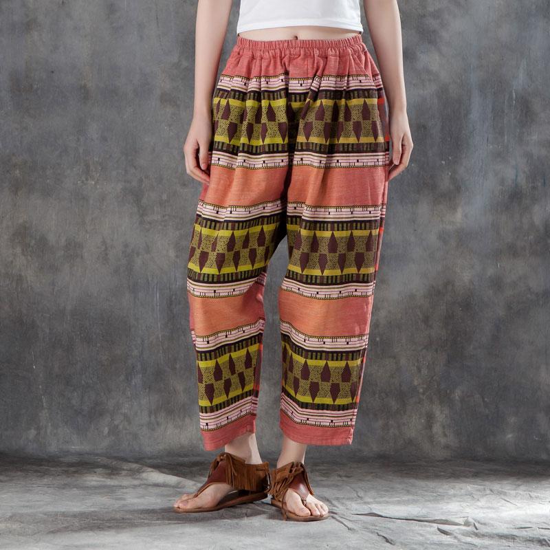 Women Printed Pockets Casual Cotton Polyester Pants
