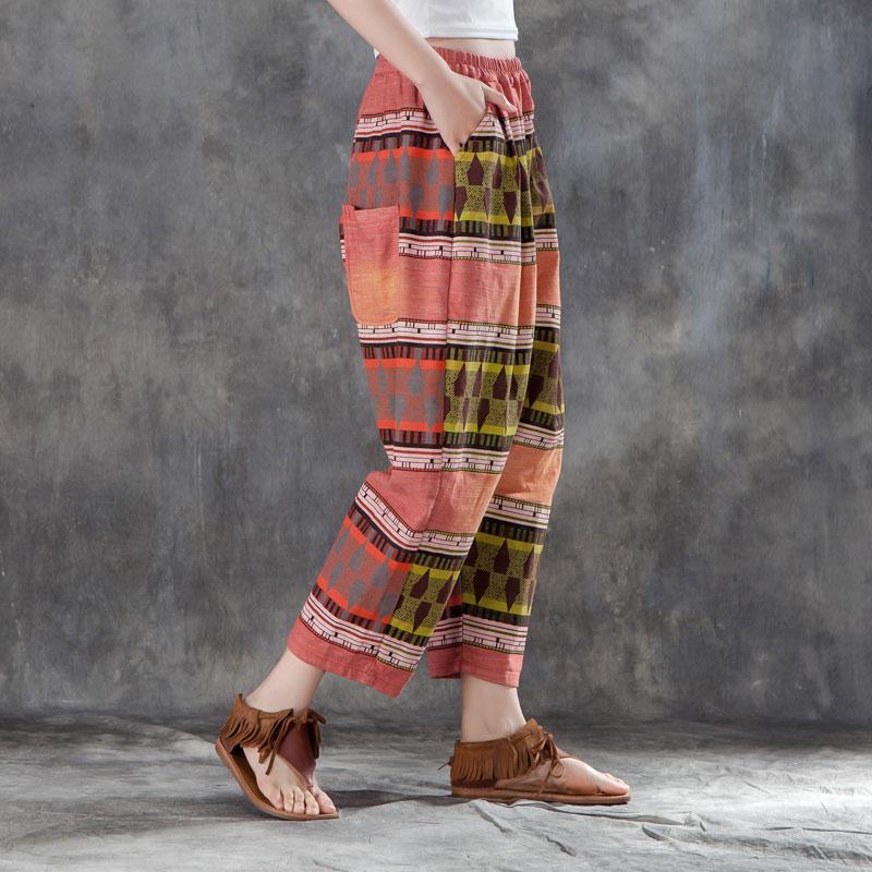 Women Printed Pockets Casual Cotton Polyester Pants