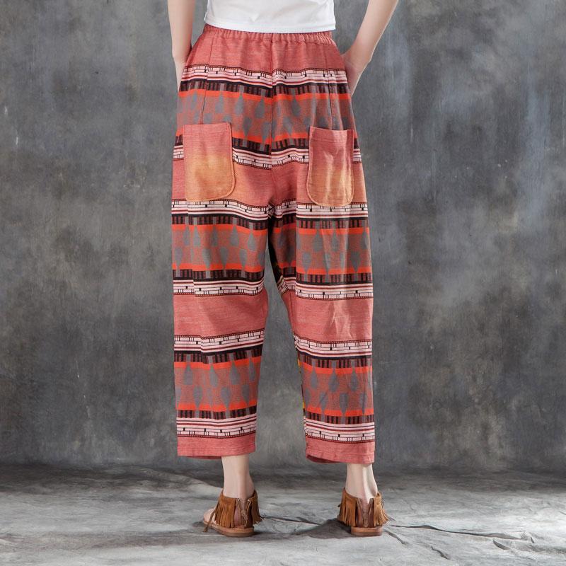 Women Printed Pockets Casual Cotton Polyester Pants