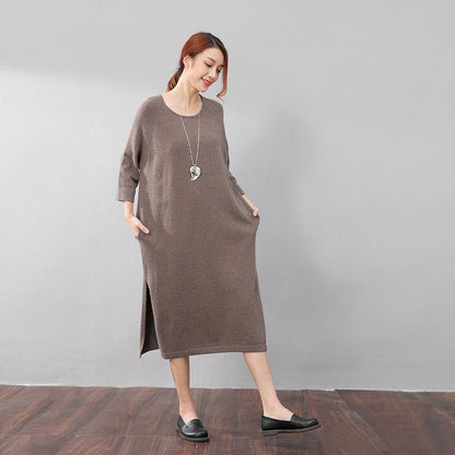 Stylish Design Waistbelt Women Round Neck Shoulder Sleeve Coffee Sweater Dress