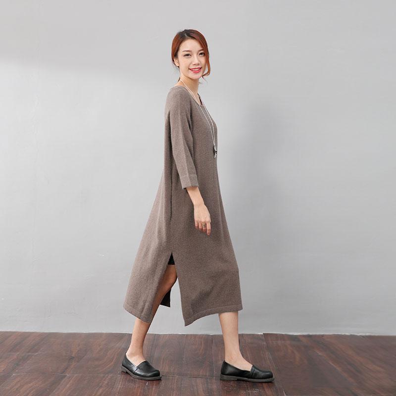 Stylish Design Waistbelt Women Round Neck Shoulder Sleeve Coffee Sweater Dress