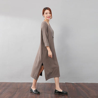 Stylish Design Waistbelt Women Round Neck Shoulder Sleeve Coffee Sweater Dress