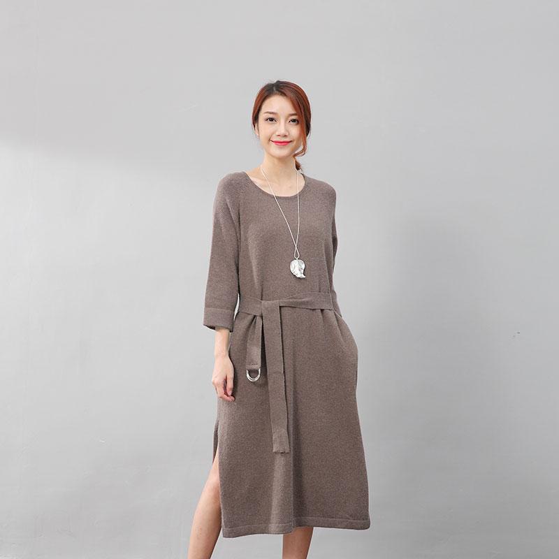 Stylish Design Waistbelt Women Round Neck Shoulder Sleeve Coffee Sweater Dress