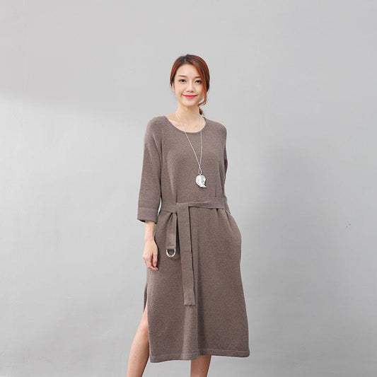 Stylish Design Waistbelt Women Round Neck Shoulder Sleeve Coffee Sweater Dress
