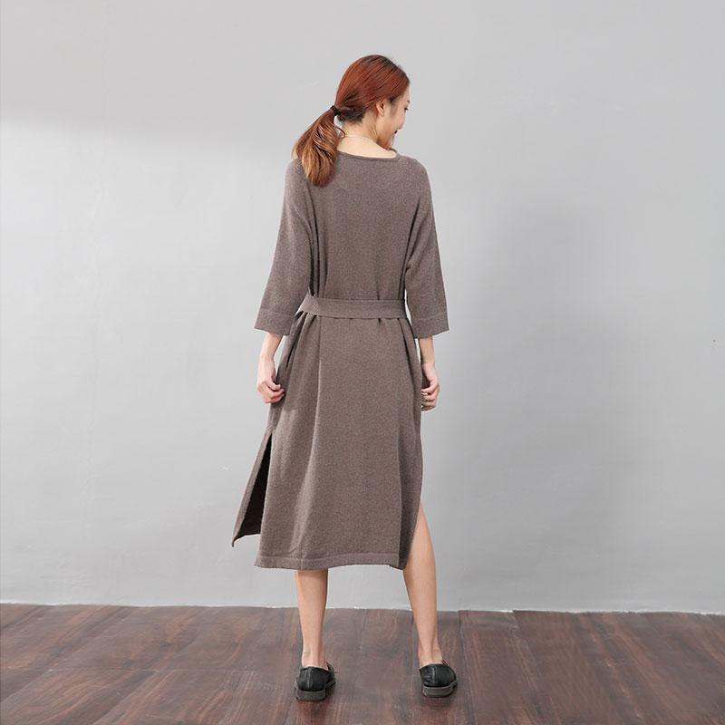 Stylish Design Waistbelt Women Round Neck Shoulder Sleeve Coffee Sweater Dress