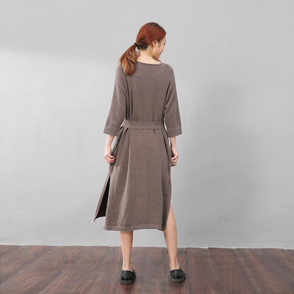 Stylish Design Waistbelt Women Round Neck Shoulder Sleeve Coffee Sweater Dress