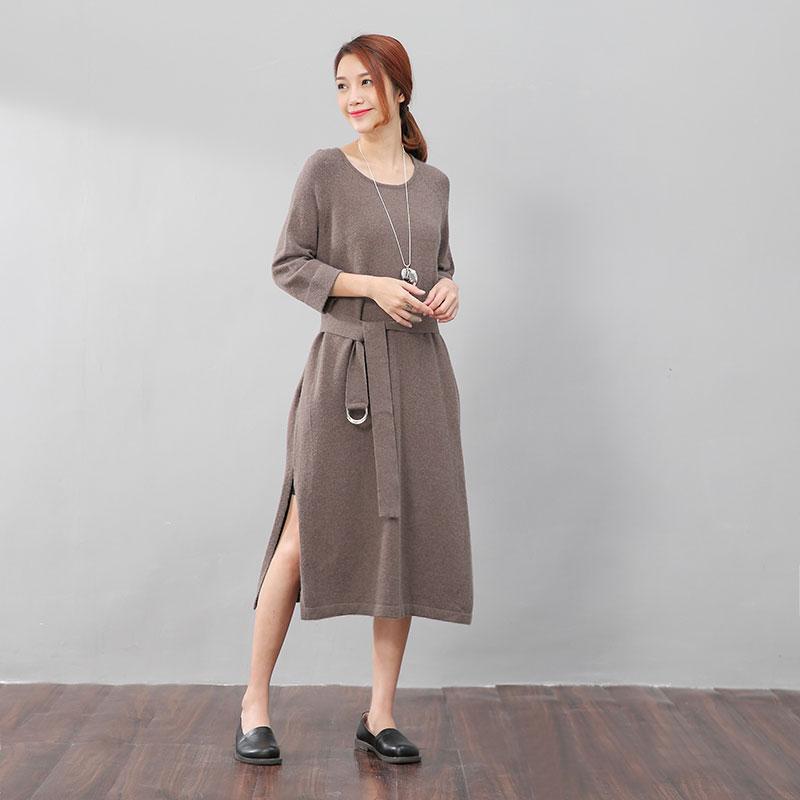Stylish Design Waistbelt Women Round Neck Shoulder Sleeve Coffee Sweater Dress