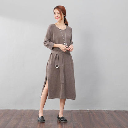 Stylish Design Waistbelt Women Round Neck Shoulder Sleeve Coffee Sweater Dress