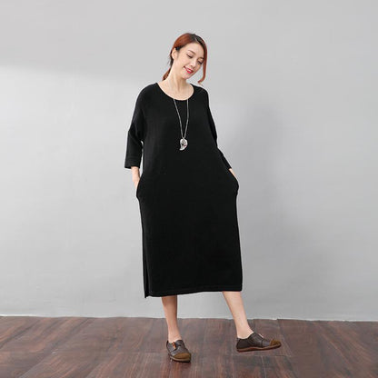 Stylish Design Waistbelt Women Round Neck Shoulder Sleeve Black Sweater Dress