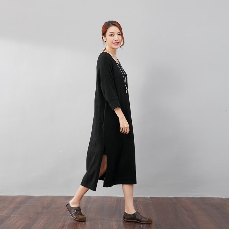 Stylish Design Waistbelt Women Round Neck Shoulder Sleeve Black Sweater Dress