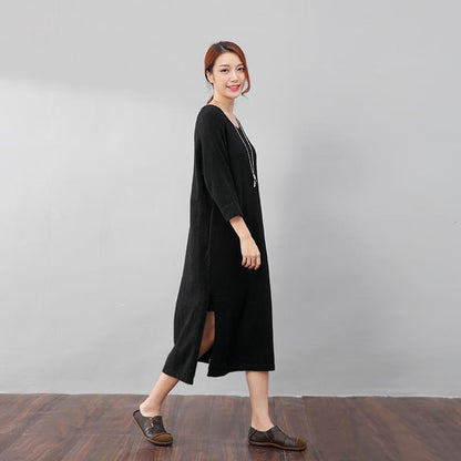Stylish Design Waistbelt Women Round Neck Shoulder Sleeve Black Sweater Dress