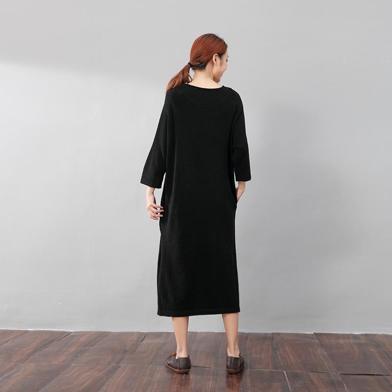 Stylish Design Waistbelt Women Round Neck Shoulder Sleeve Black Sweater Dress