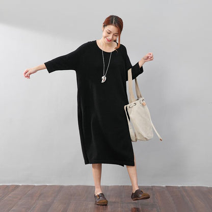 Stylish Design Waistbelt Women Round Neck Shoulder Sleeve Black Sweater Dress