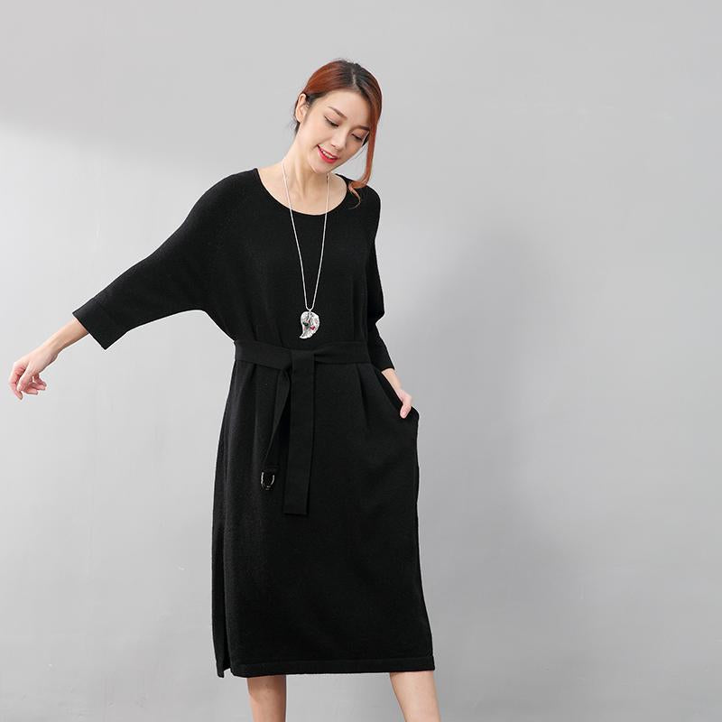 Stylish Design Waistbelt Women Round Neck Shoulder Sleeve Black Sweater Dress