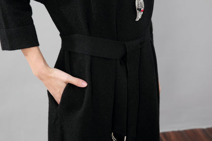 Stylish Design Waistbelt Women Round Neck Shoulder Sleeve Black Sweater Dress