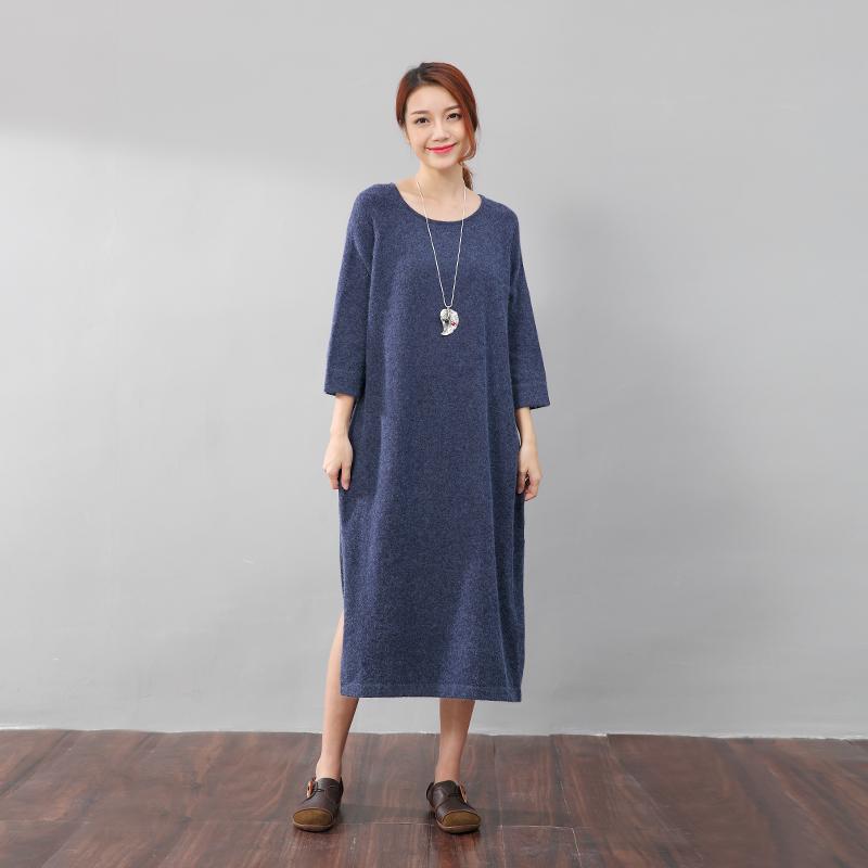 Stylish Design Waistbelt Women Round Neck Shoulder Sleeve Blue Sweater Dress