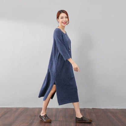 Stylish Design Waistbelt Women Round Neck Shoulder Sleeve Blue Sweater Dress