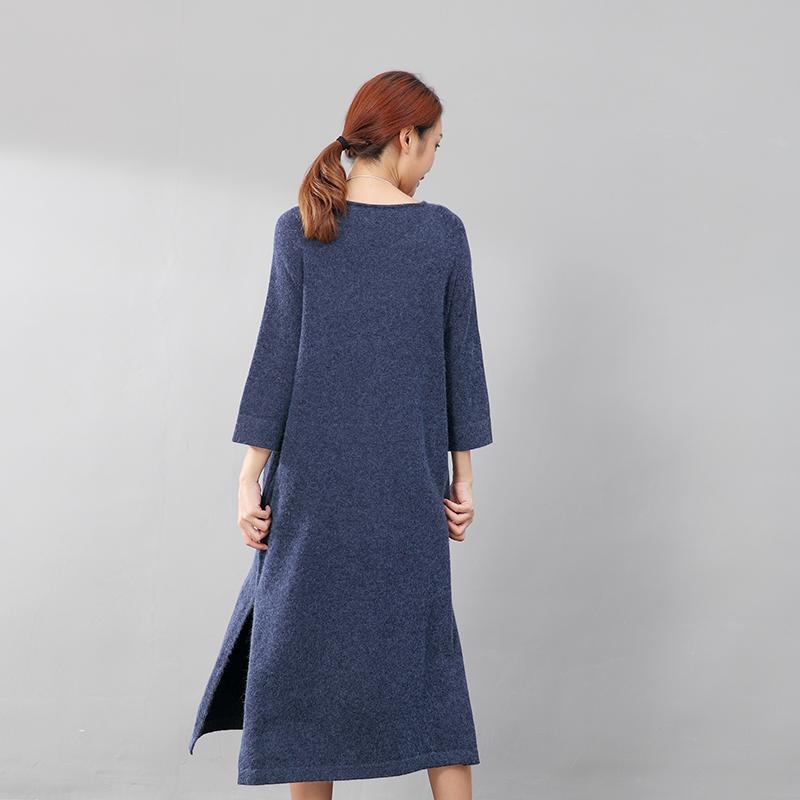 Stylish Design Waistbelt Women Round Neck Shoulder Sleeve Blue Sweater Dress