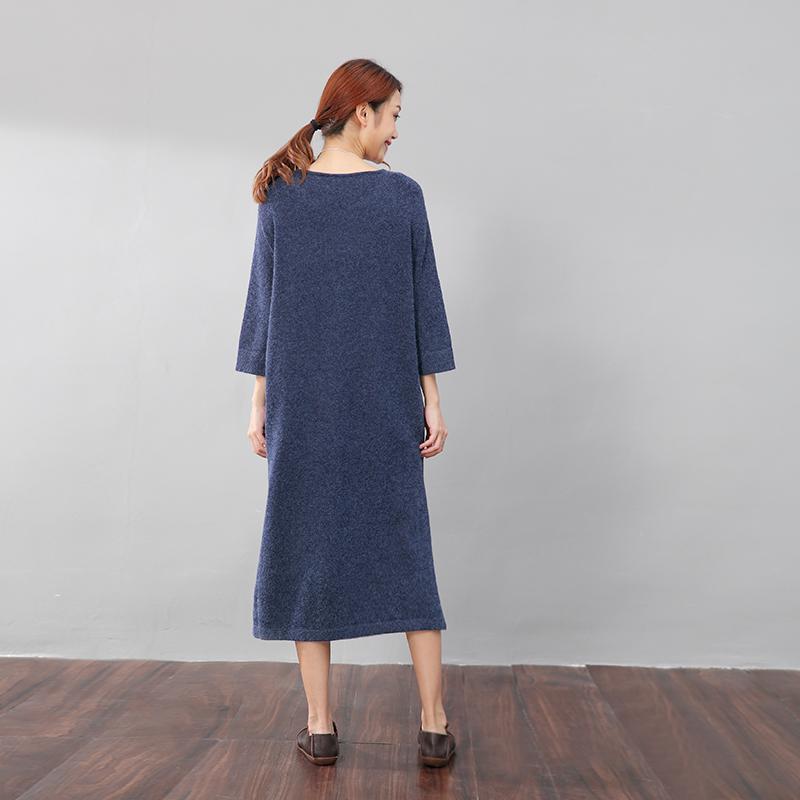 Stylish Design Waistbelt Women Round Neck Shoulder Sleeve Blue Sweater Dress