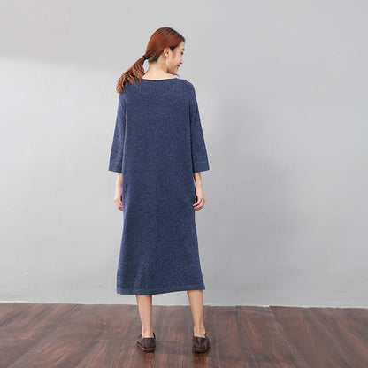 Stylish Design Waistbelt Women Round Neck Shoulder Sleeve Blue Sweater Dress
