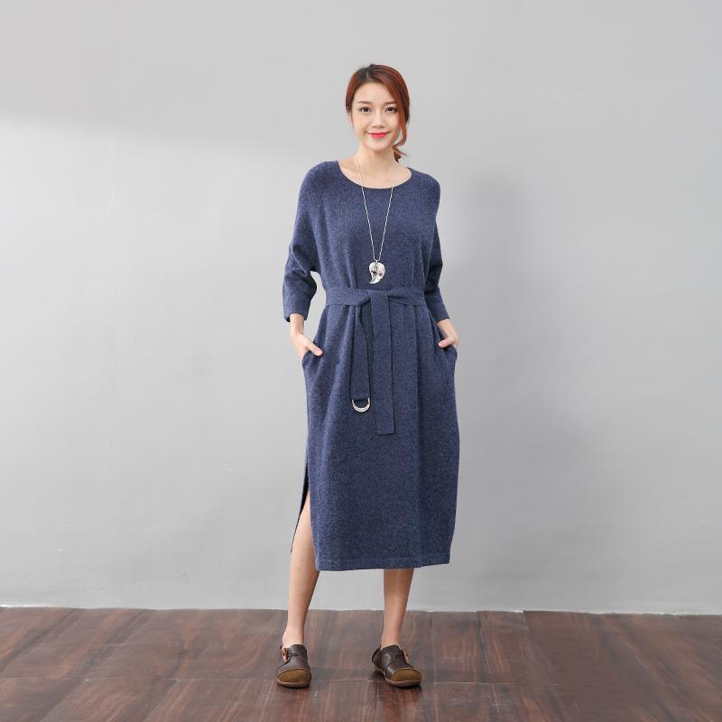 Stylish Design Waistbelt Women Round Neck Shoulder Sleeve Blue Sweater Dress