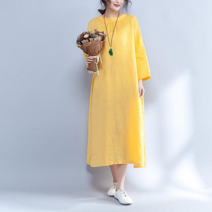 Loose Long Sleeve Round Neck Linen Cotton Yellow Dress