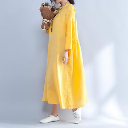 Loose Long Sleeve Round Neck Linen Cotton Yellow Dress