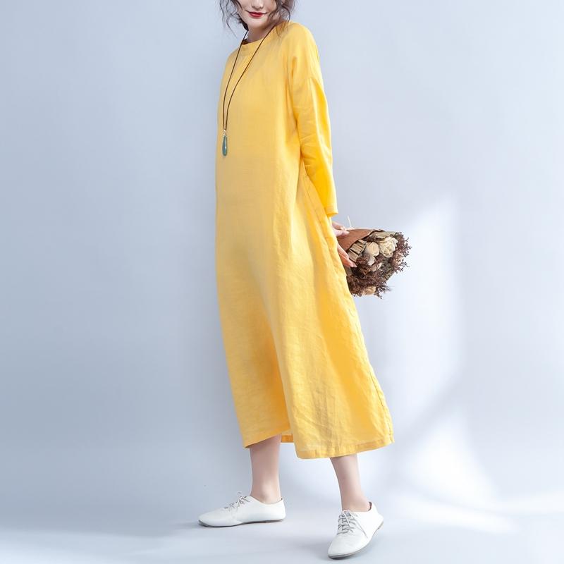 Loose Long Sleeve Round Neck Linen Cotton Yellow Dress