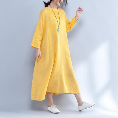 Loose Long Sleeve Round Neck Linen Cotton Yellow Dress