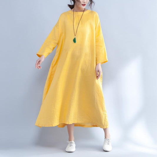 Loose Long Sleeve Round Neck Linen Cotton Yellow Dress