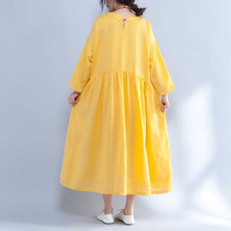 Loose Long Sleeve Round Neck Linen Cotton Yellow Dress