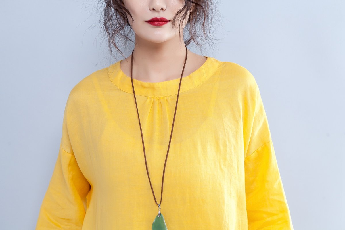Loose Long Sleeve Round Neck Linen Cotton Yellow Dress