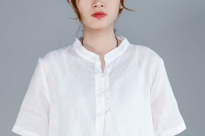 Women Short Sleeve Stand Collar Green Tops