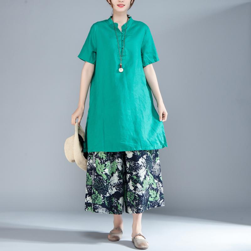 Women Short Sleeve Stand Collar Green Tops