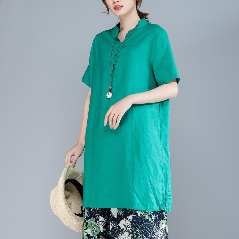 Women Short Sleeve Stand Collar Green Tops