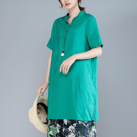 Women Short Sleeve Stand Collar Green Tops