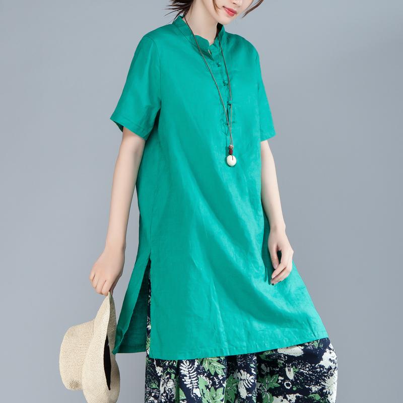 Women Short Sleeve Stand Collar Green Tops