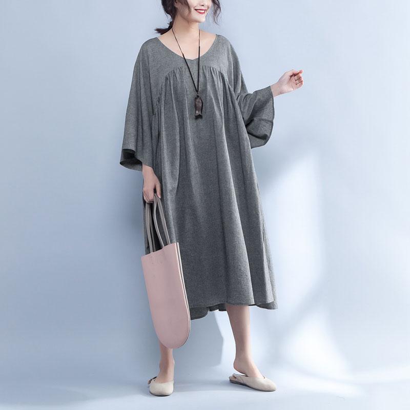 V Neck Three Quarter Sleeve Loose Gray Dress