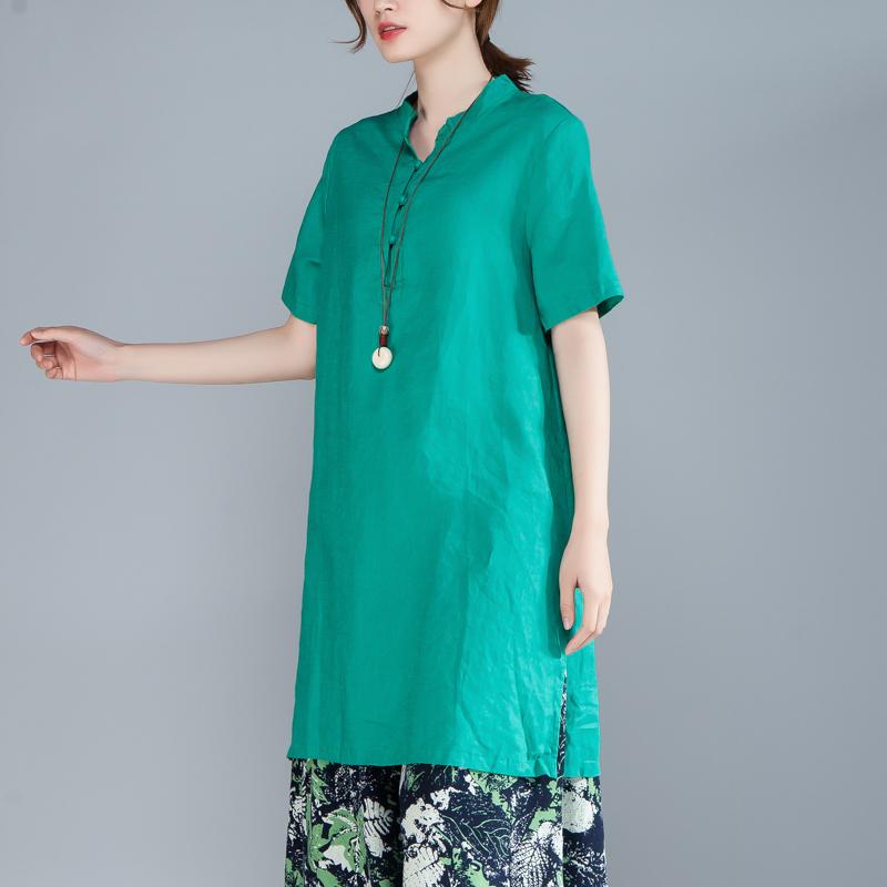 Women Short Sleeve Stand Collar Green Tops
