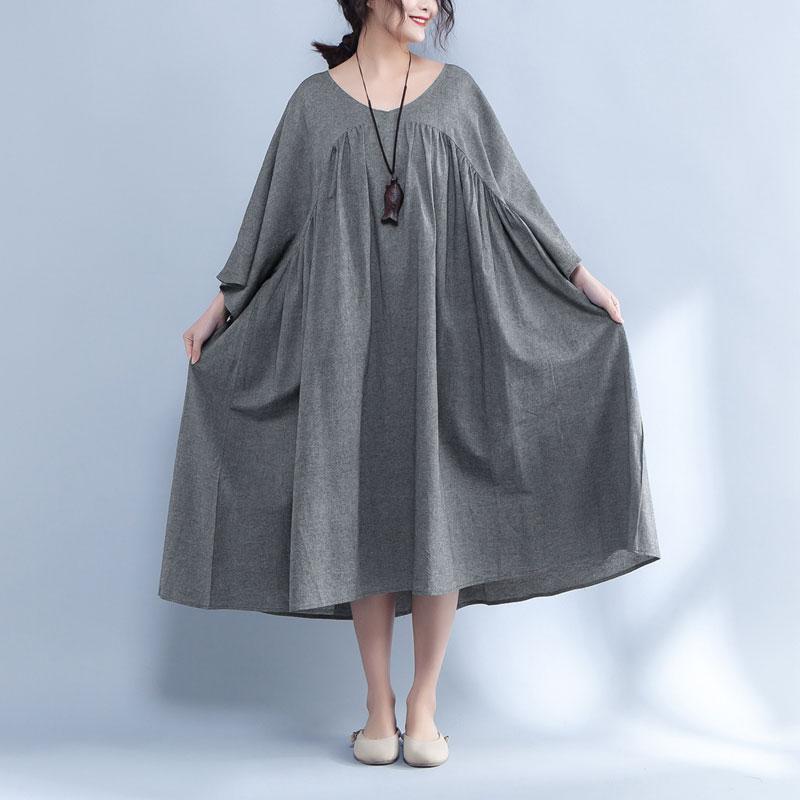V Neck Three Quarter Sleeve Loose Gray Dress