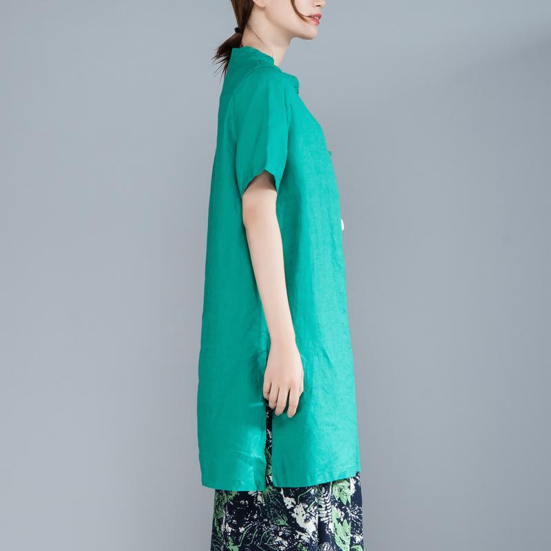 Women Short Sleeve Stand Collar Green Tops