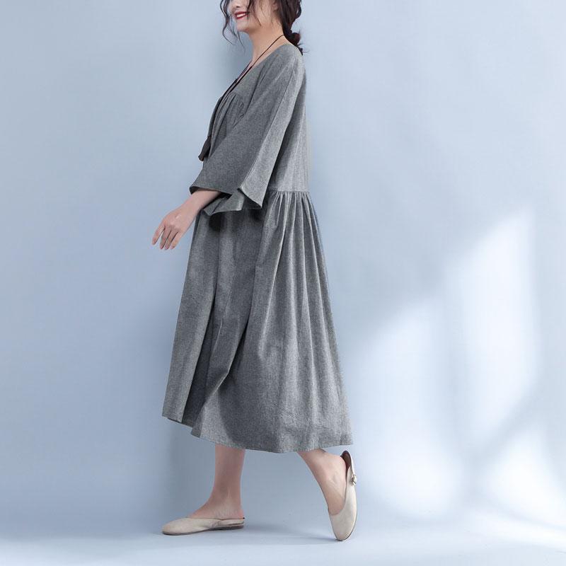 V Neck Three Quarter Sleeve Loose Gray Dress
