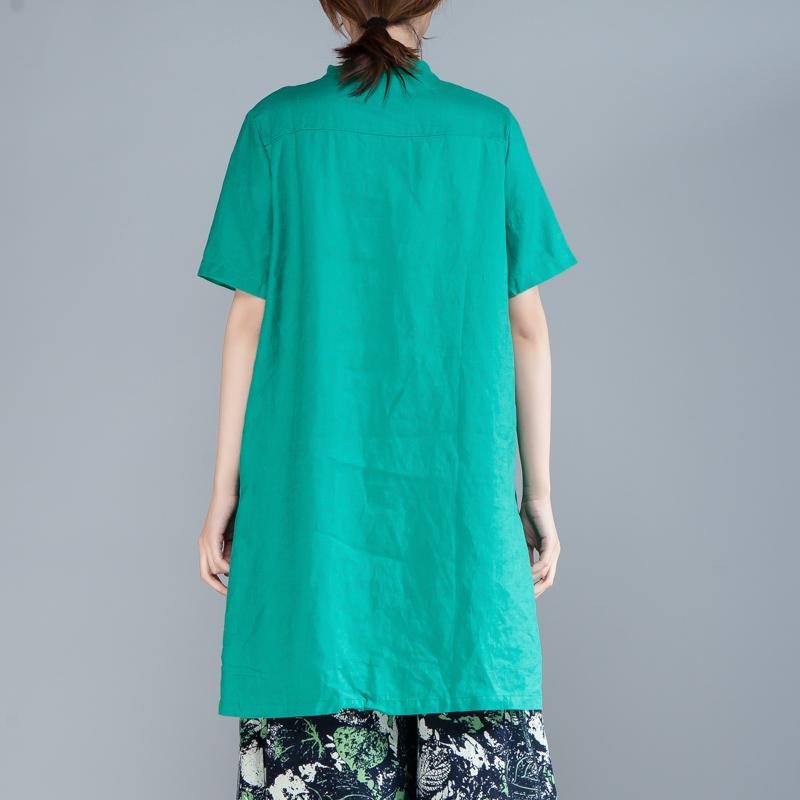 Women Short Sleeve Stand Collar Green Tops
