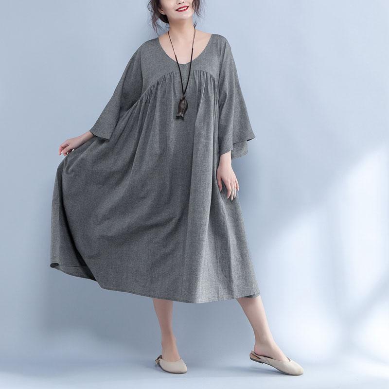 V Neck Three Quarter Sleeve Loose Gray Dress