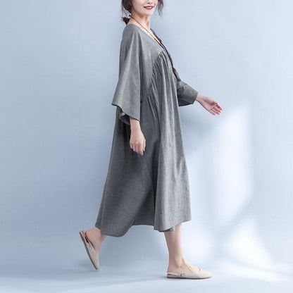 V Neck Three Quarter Sleeve Loose Gray Dress