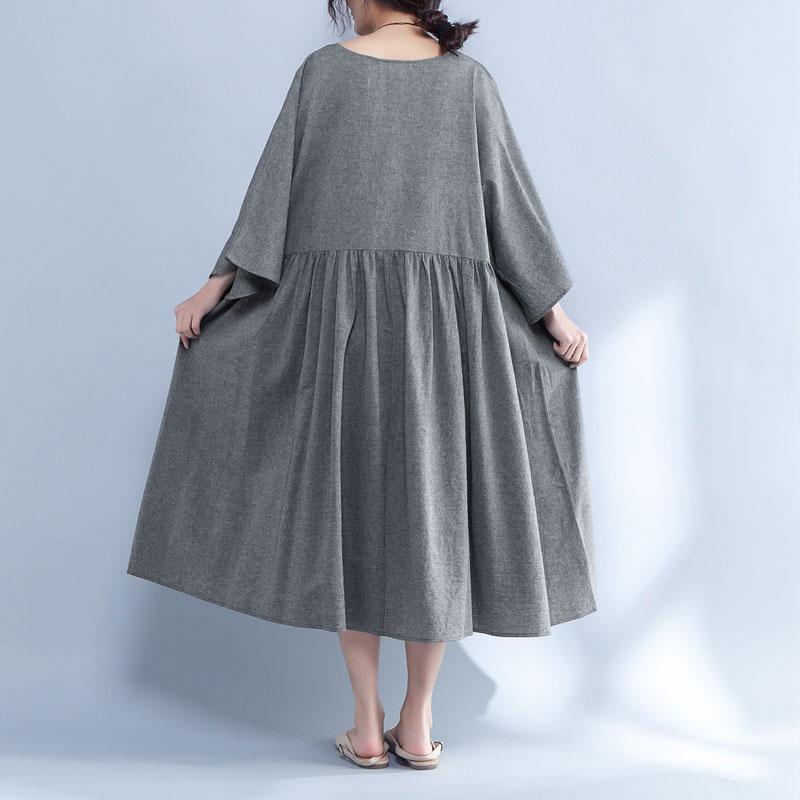 V Neck Three Quarter Sleeve Loose Gray Dress