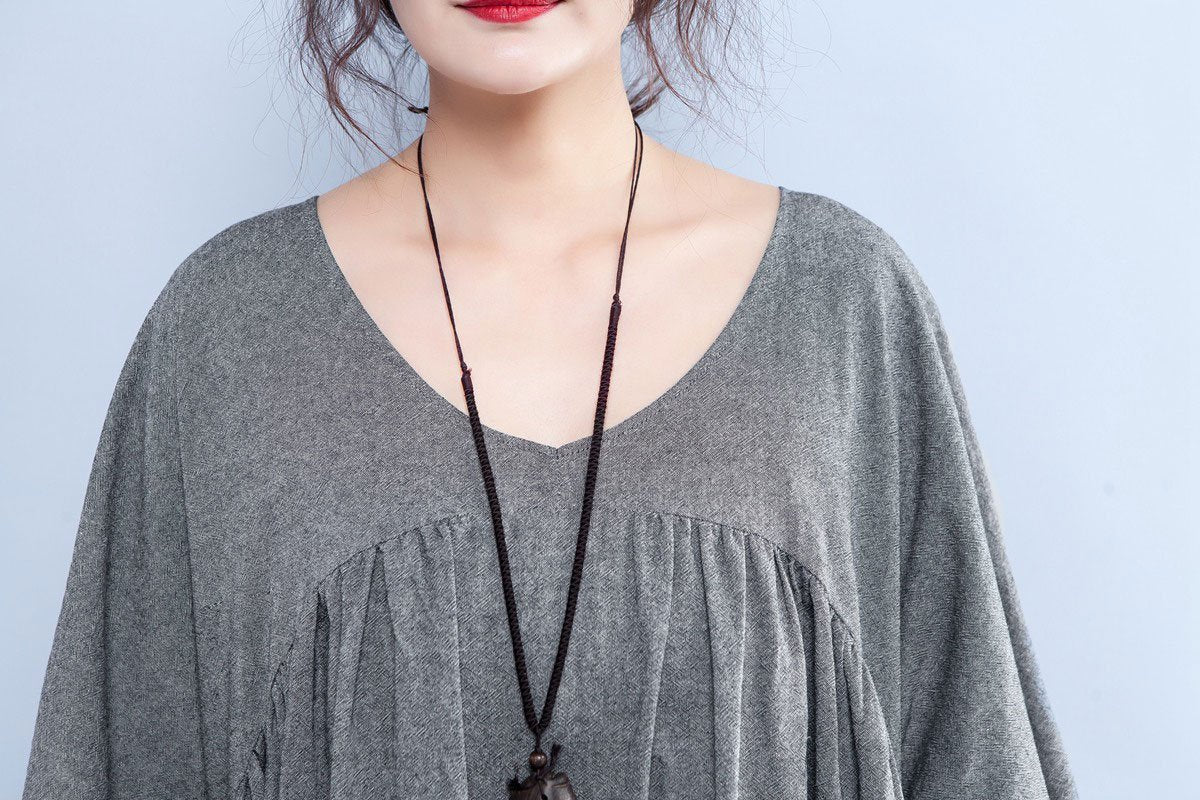 V Neck Three Quarter Sleeve Loose Gray Dress